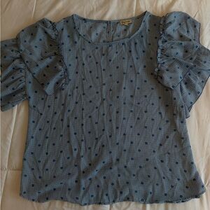 Lily White Blue Checkered Blouse with Ruffle Sleeves